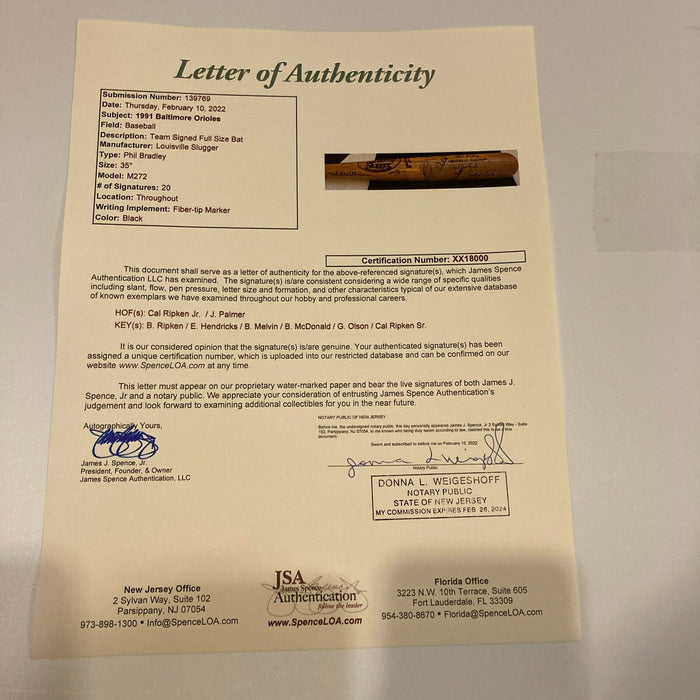 Cal Ripken Sr. Cal Ripken Jr. & Billy 1991 Baltimore Orioles Signed Bat JSA COA