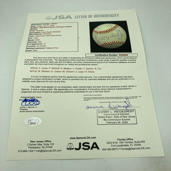 1995 Atlanta Braves World Series Champs Team Signed W.S. Baseball 27 Sig JSA COA