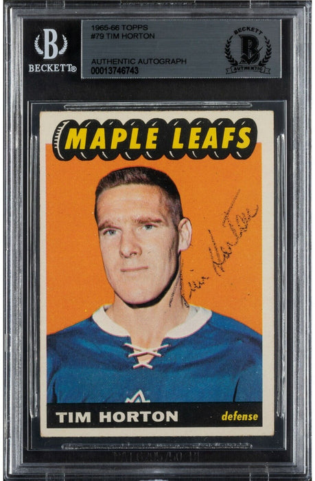tim hortons hockey cards rare 1965 Topps Tim Horton #79 Signed Hockey Card BGS Authenticated RARE — Showpieces Sports