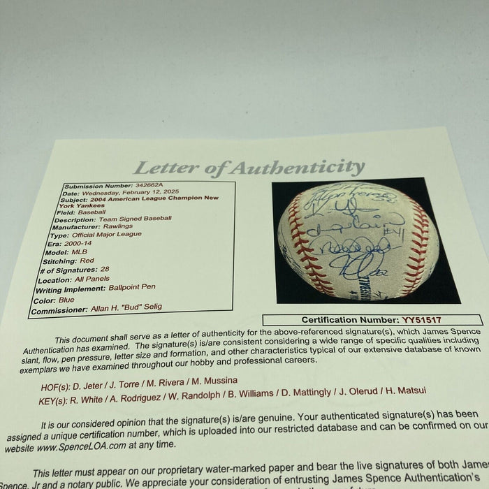 2004 New York Yankees Team Signed Baseball Derek Jeter Mariano Rivera JSA COA