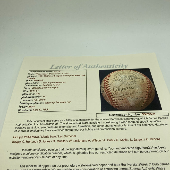 Willie Mays Rookie 1951 New York Giants Team Signed Baseball JSA COA