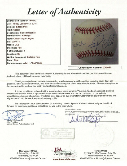 Pele "Edson" Full Name Signed Major League Baseball JSA COA Soccer Legend RARE