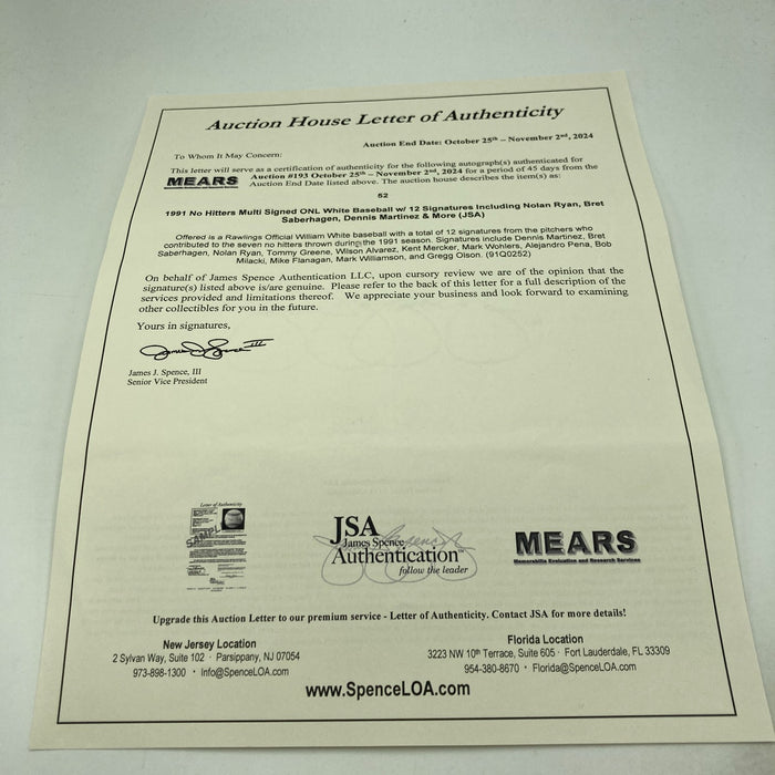 No Hitter Pitchers Multi Signed Baseball 12 Signatures with Nolan Ryan JSA COA