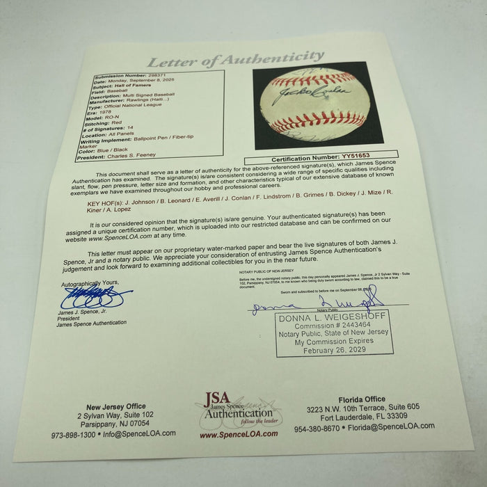 1970's HOF Multi Signed Baseball Freddie Lindstrom Earl Averill Grimes JSA