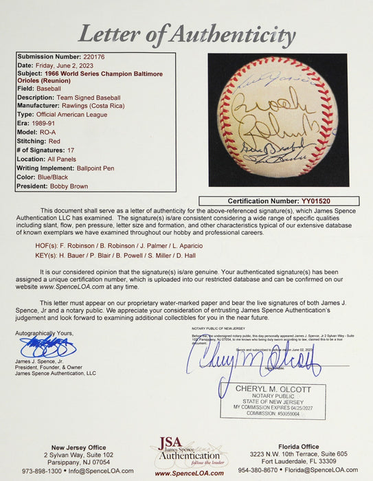 1966 Baltimore Orioles World Series Champs Team Signed AL Baseball JSA COA