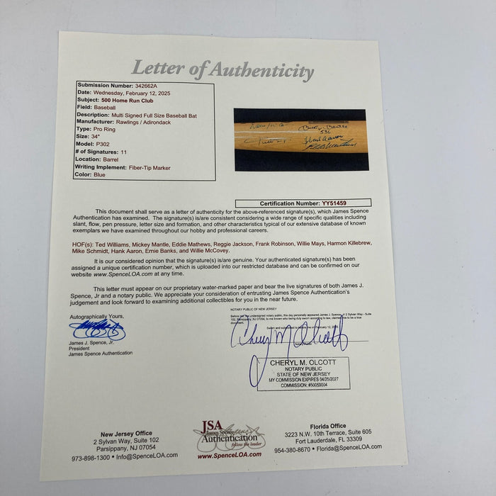 500 Home Run Club Signed Bat Mickey Mantle Ted Williams Willie Mays JSA COA