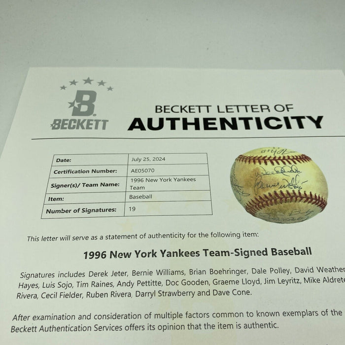 1996 Yankees Team Signed World Series Baseball Derek Jeter Mariano Rivera BAS