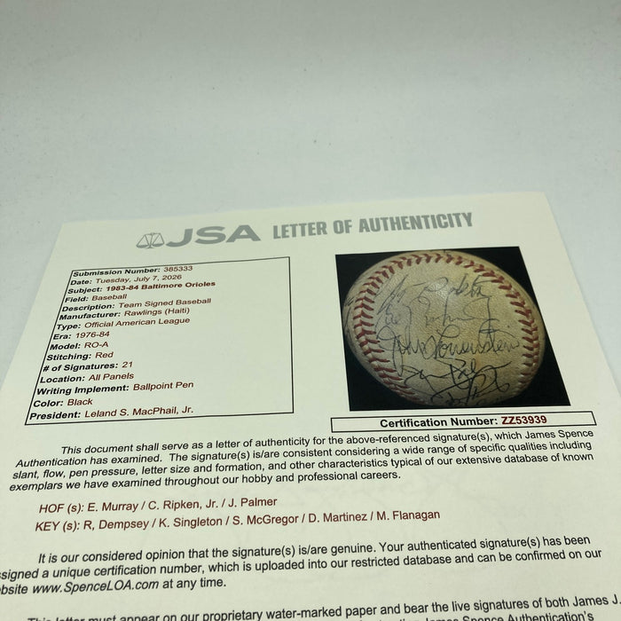1983-84 Baltimore Orioles World Series Champs Team Signed Baseball JSA COA