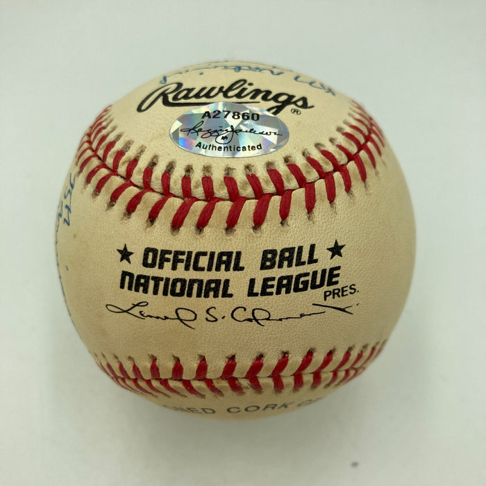 Joe Montana Signed Heavily Inscribed Career STAT Baseball Reggie Jackson COA