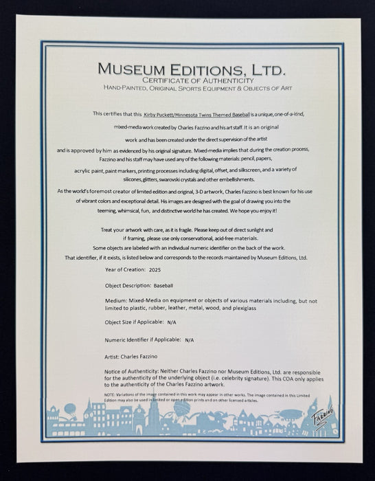 Kirby Puckett Signed Charles Fazzino Hand Painted Pop Art Baseball JSA COA 1/1