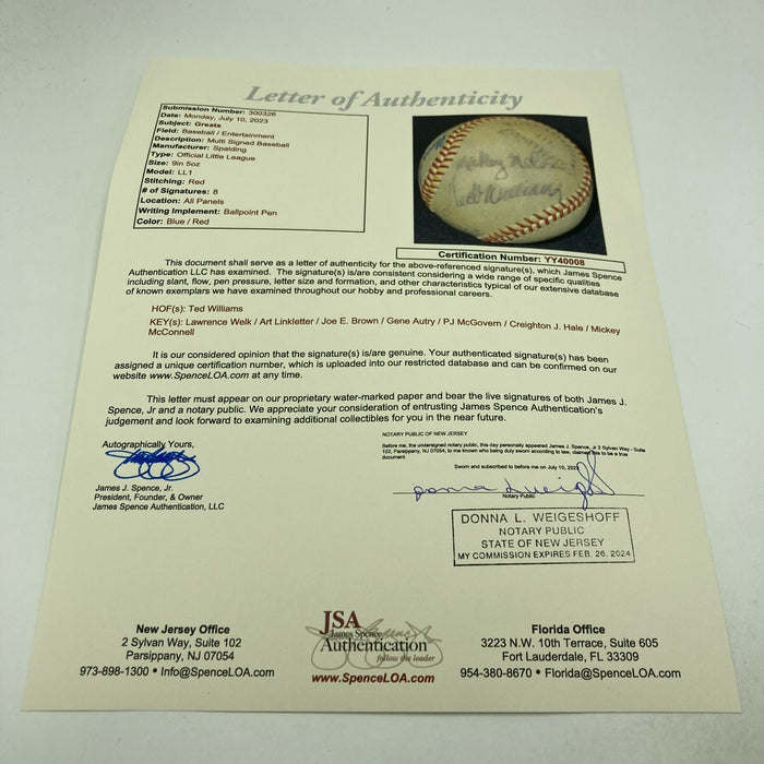 Ted Williams Gene Autry Lawrence Welk Joe E Brown 1961 Signed Baseball JSA COA