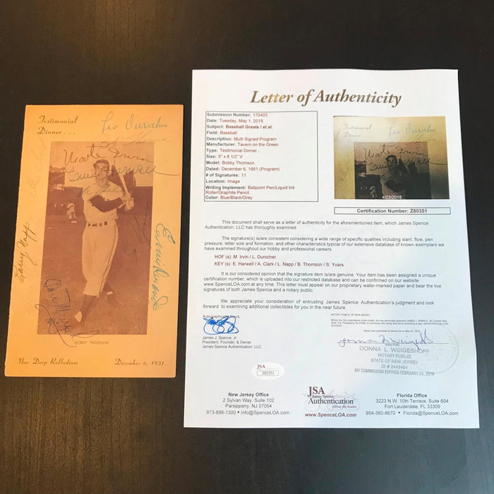 Rare Bobby Thomson Day Signed 1951 Program W/ Durocher Irvin Harwell JSA COA