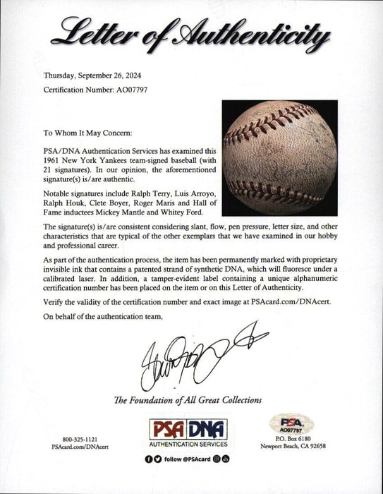 1961 New York Yankees W.S. Team Signed Game Used Baseball Mickey Mantle PSA DNA