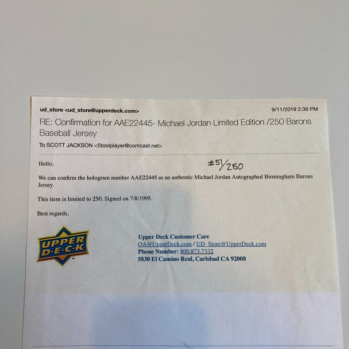 Michael Jordan Signed Birmingham Barons Baseball Jersey Upper Deck UDA Framed