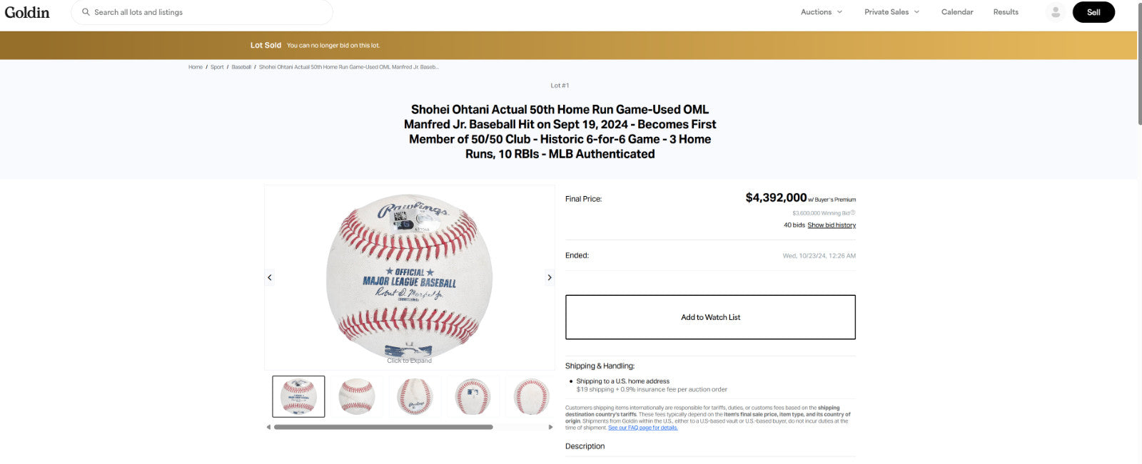 Shohei Ohtani 50/50 At Bat Game Used Baseball Pitch Before Home Run MLB Auth