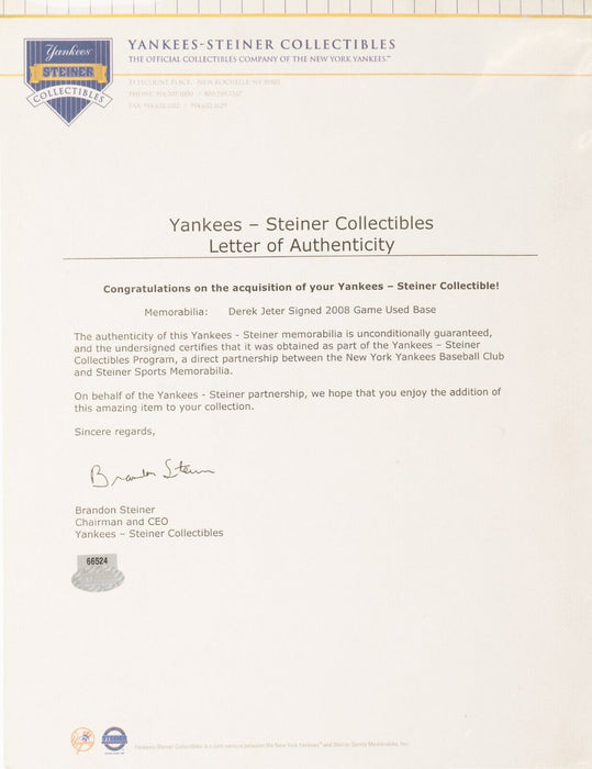 Derek Jeter Signed Authentic 2008 Game Used Base Yankee Stadium Steiner COA
