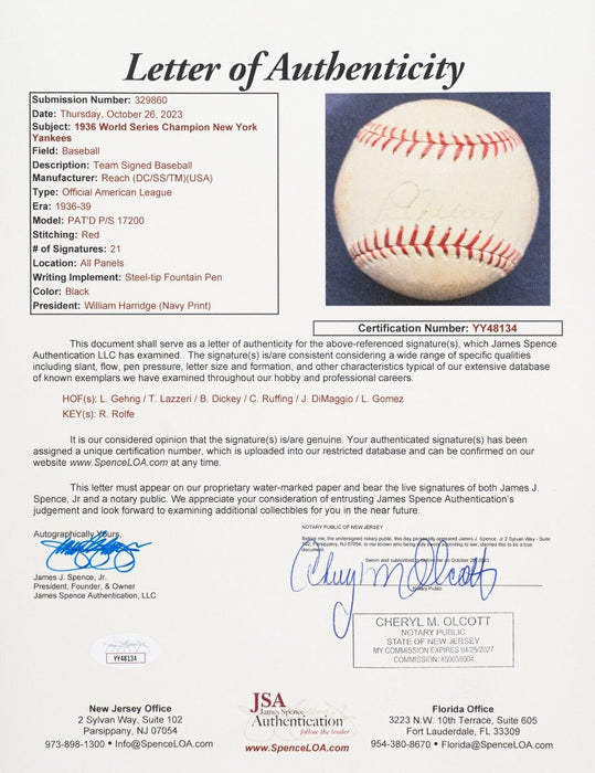 1936 New York Yankees World Series Champs Team Signed Baseball Lou Gehrig JSA