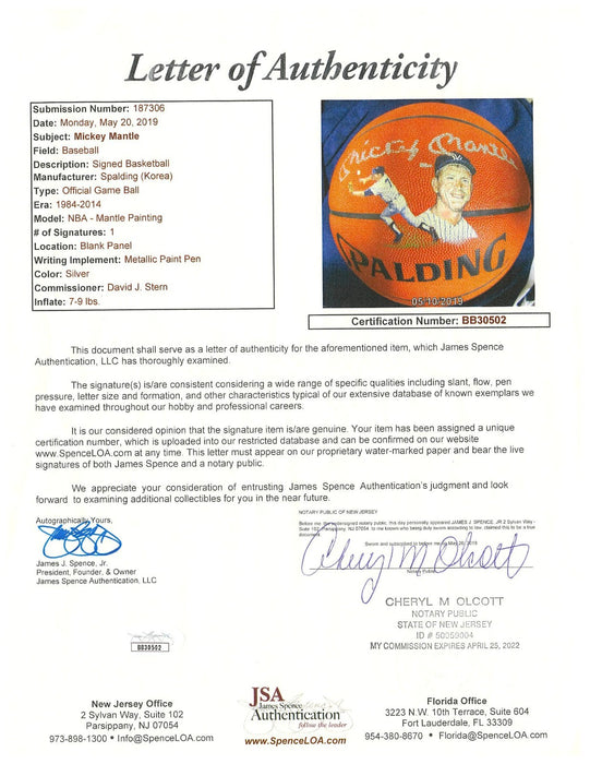 MIckey Mantle Signed Official NBA Game Basketball JSA COA RARE