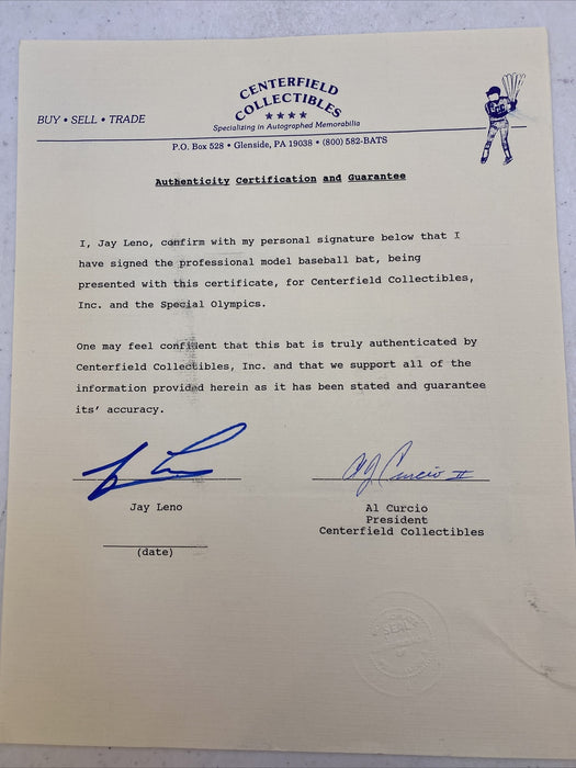 Jay Leno Signed Autographed Rawlings Personal Model Baseball Bat With JSA COA