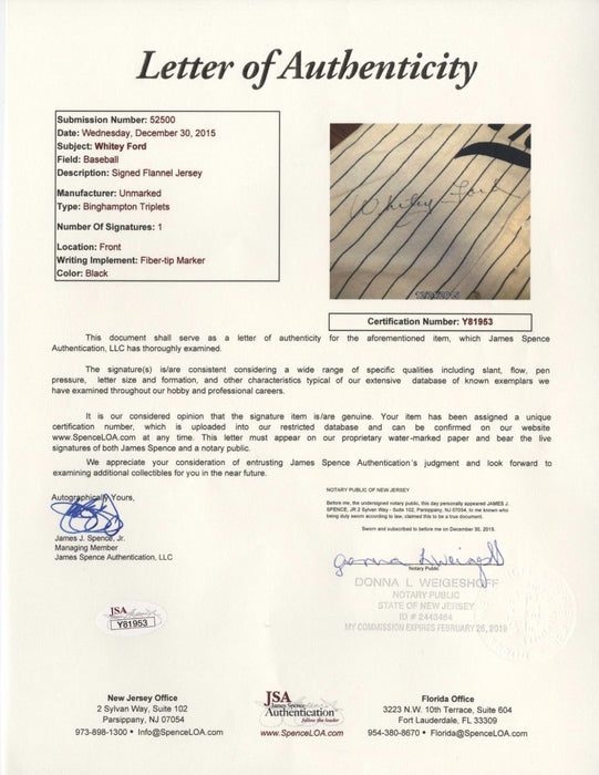 1949 Whitey Ford Signed Binghampton Yankees Minor League Game Used Jersey JSA