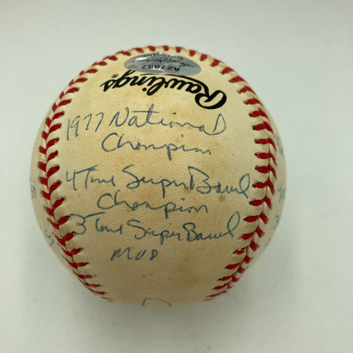 Joe Montana Signed Heavily Inscribed Career STAT Baseball Reggie Jackson COA