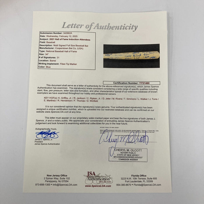 2021 Hall Of Fame Induction Multi Signed Baseball Bat 31 Sigs Derek Jeter JSA