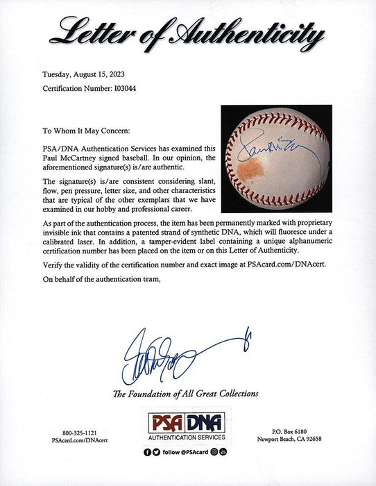 Paul McCartney Single Signed Major League Baseball With PSA DNA COA The Beatles