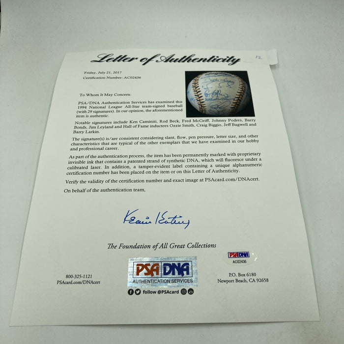 1994 All Star Game National League Team Signed Baseball Barry Bonds PSA DNA COA