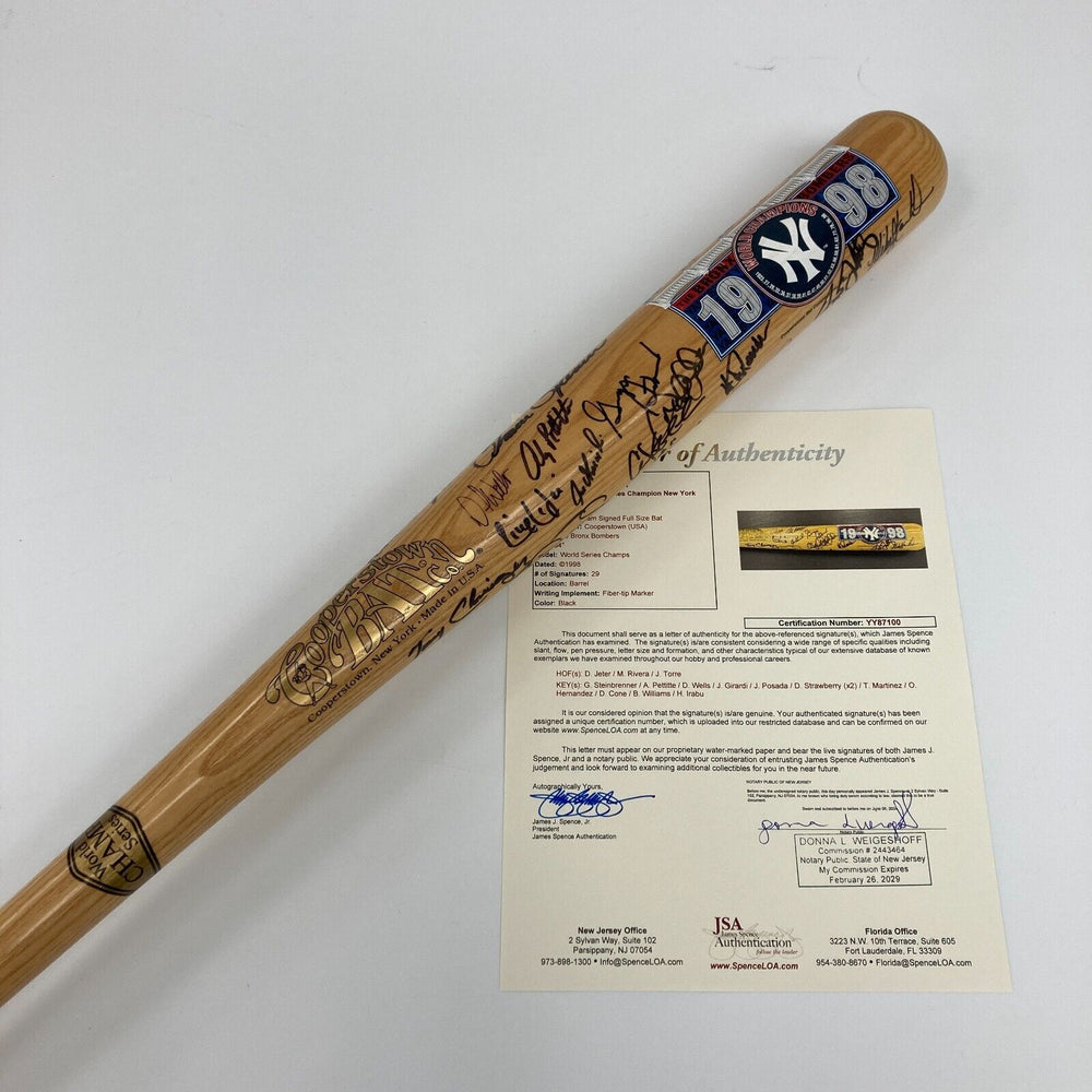 1998 NY Yankees World Series Champs Team Signed Bat 29 Sigs Derek Jeter JSA COA