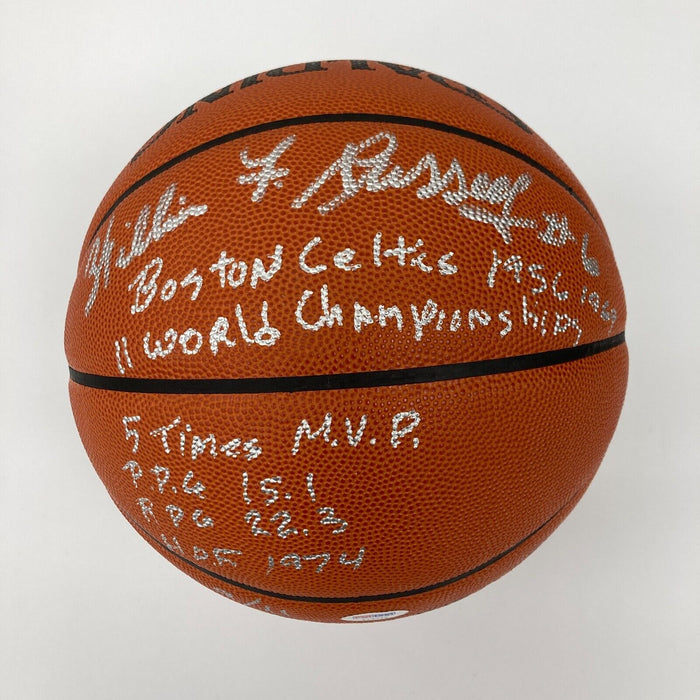 Bill Russell Full Name Signed Heavily Inscribed STAT Basketball #9/11 PSA DNA