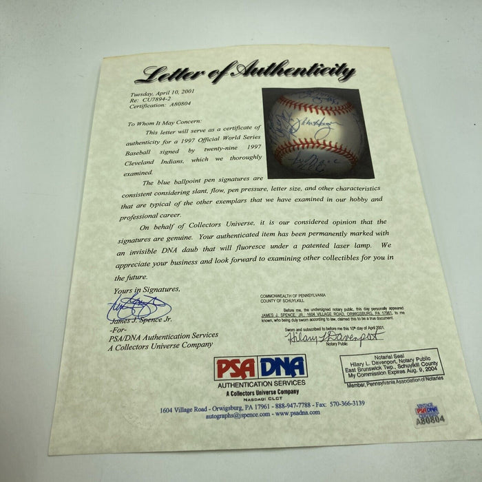 1997 Cleveland Indians AL Champs Team Signed World Series Baseball PSA DNA COA