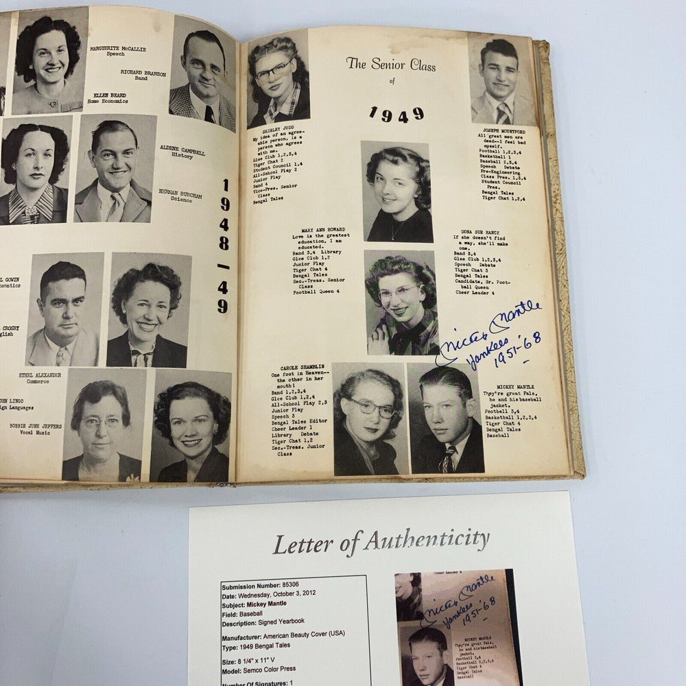 Mickey Mantle Signed 1949 Commerce High School Yearbook JSA & PSA DNA COA