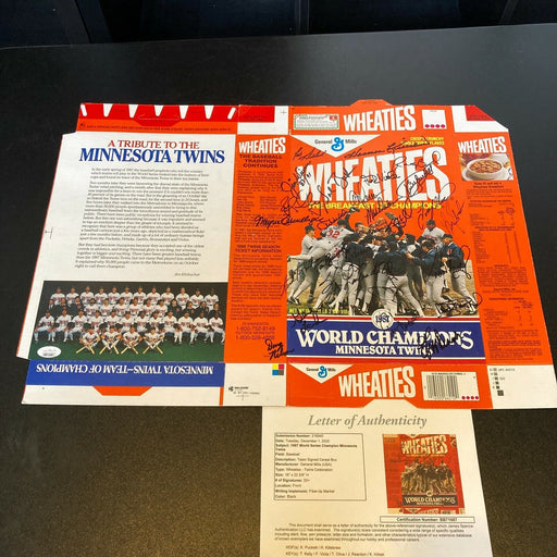 1987 Minnesota Twins World Series Champs Team Signed Wheaties Box With JSA COA