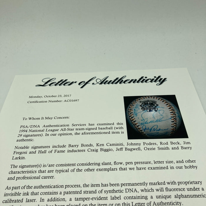 1994 All Star Game National League Team Signed Baseball Barry Bonds PSA DNA COA