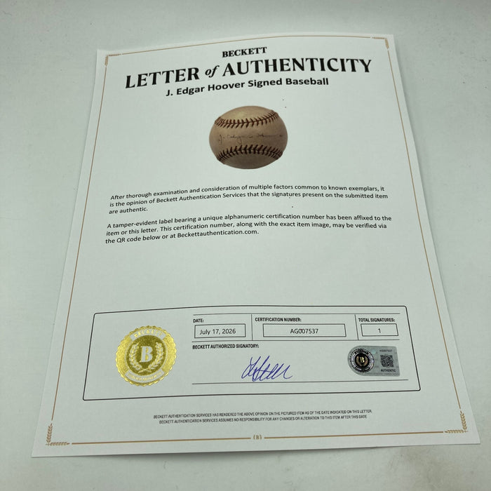 J. Edgar Hoover Single Signed 1930's Baseball The Only One Known PSA & Beckett