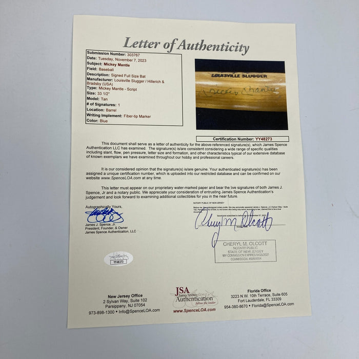 Mickey Mantle Signed Louisville Slugger Game Model Baseball Bat JSA COA