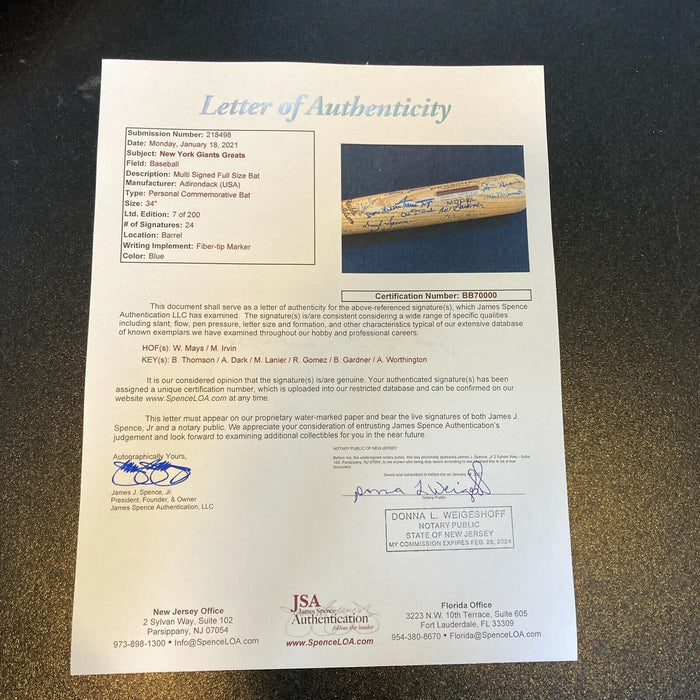 Willie Mays New York Giants Legends Signed Baseball Bat 24 Sigs With JSA COA