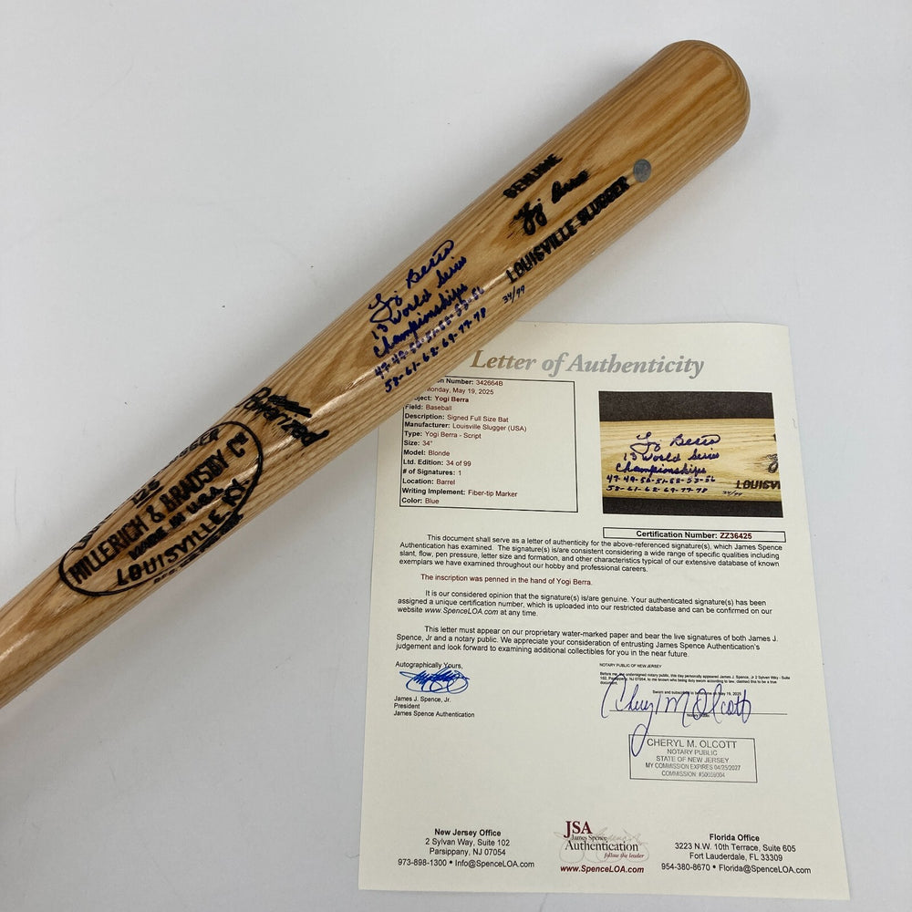 Yogi Berra Signed Heavily Inscribed STAT Game Model Baseball Bat JSA COA