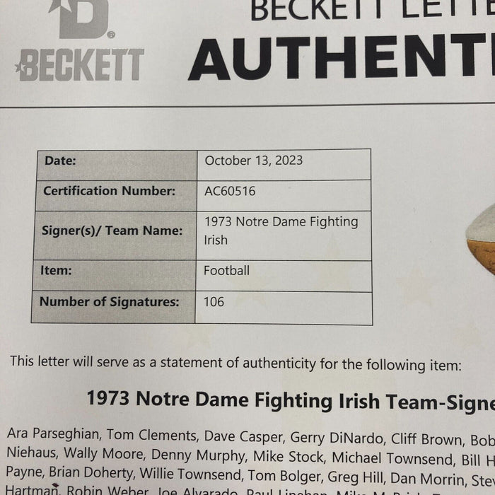 1973 Notre Dame Fighting Irish National Champions Team Signed Football Beckett