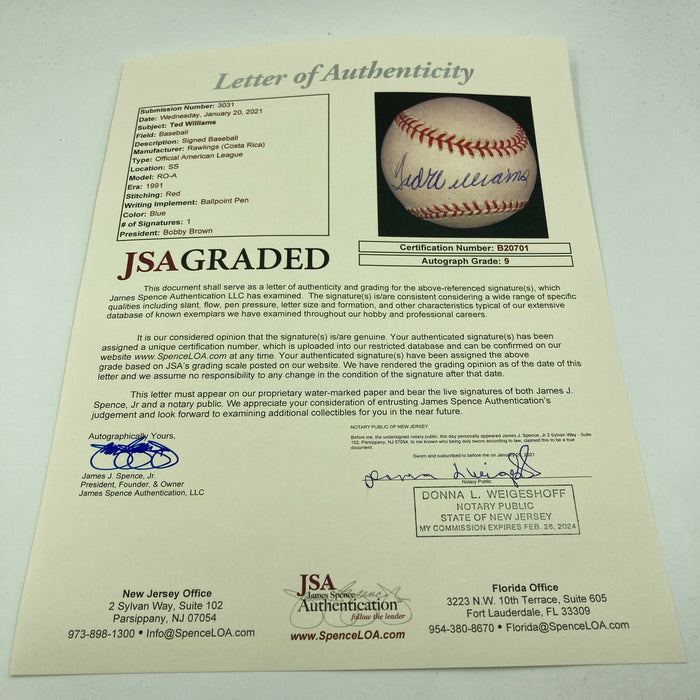 Stunning Ted Williams Single Signed American League Baseball JSA Graded MINT 9