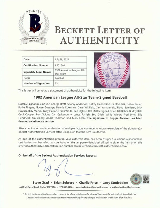1982 All Star Game Team Signed Baseball Carl Yastrzemski George Brett Beckett