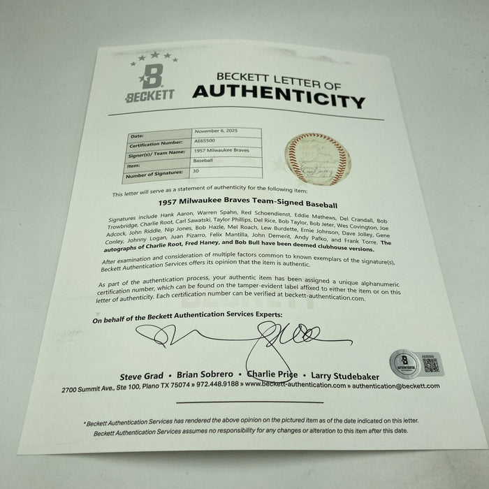 1957 Milwaukee Braves World Series Champs Team Signed Baseball PSA DNA & Beckett