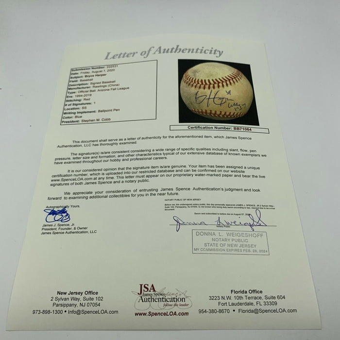 Historic Bryce Harper MLB Debut 10-20-2010 Signed Game Used Baseball JSA COA
