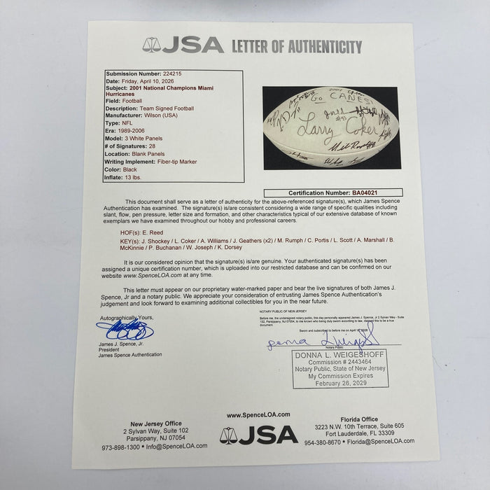 2001 Miami Hurricanes NCAA National Champions Team Signed Football JSA COA
