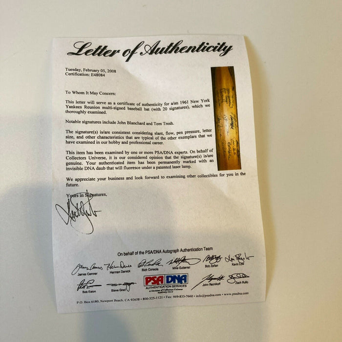 1961 New York Yankees World Series Champs Team Signed Baseball Bat PSA DNA