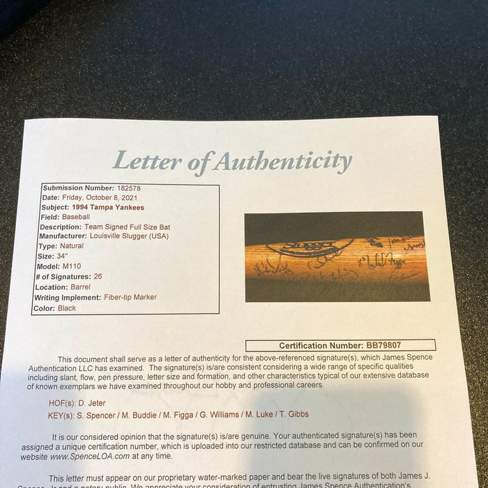 Derek Jeter Pre Rookie 1994 Tampa Yankees Minor League Team Signed Bat JSA COA