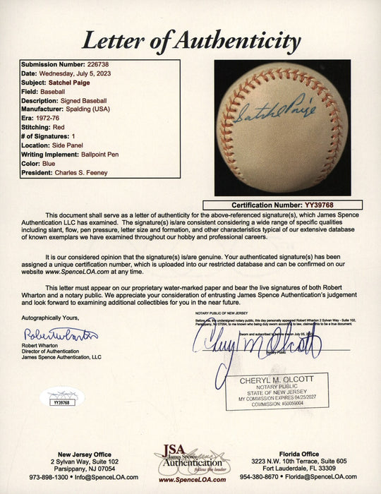 Satchel Paige Signed National League Baseball PSA DNA 10 GEM MINT & JSA COA