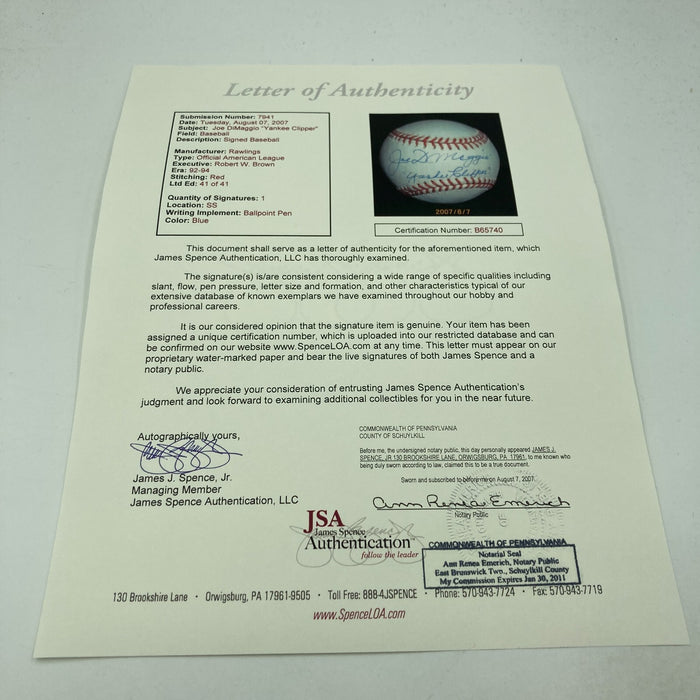 Mint Joe Dimaggio "Yankee Clipper" Signed American League Baseball #41/41 JSA