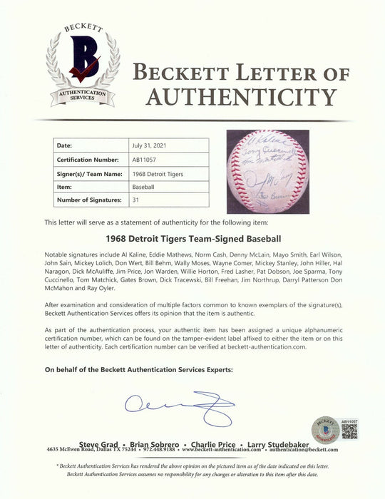 Nice 1968 Detroit Tigers World Series Champs Team Signed Baseball Beckett COA