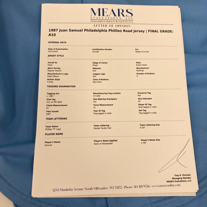 Juan Samuel 1987 Game Used Philadelphia Phillies Jersey MEARS A10 The Finest